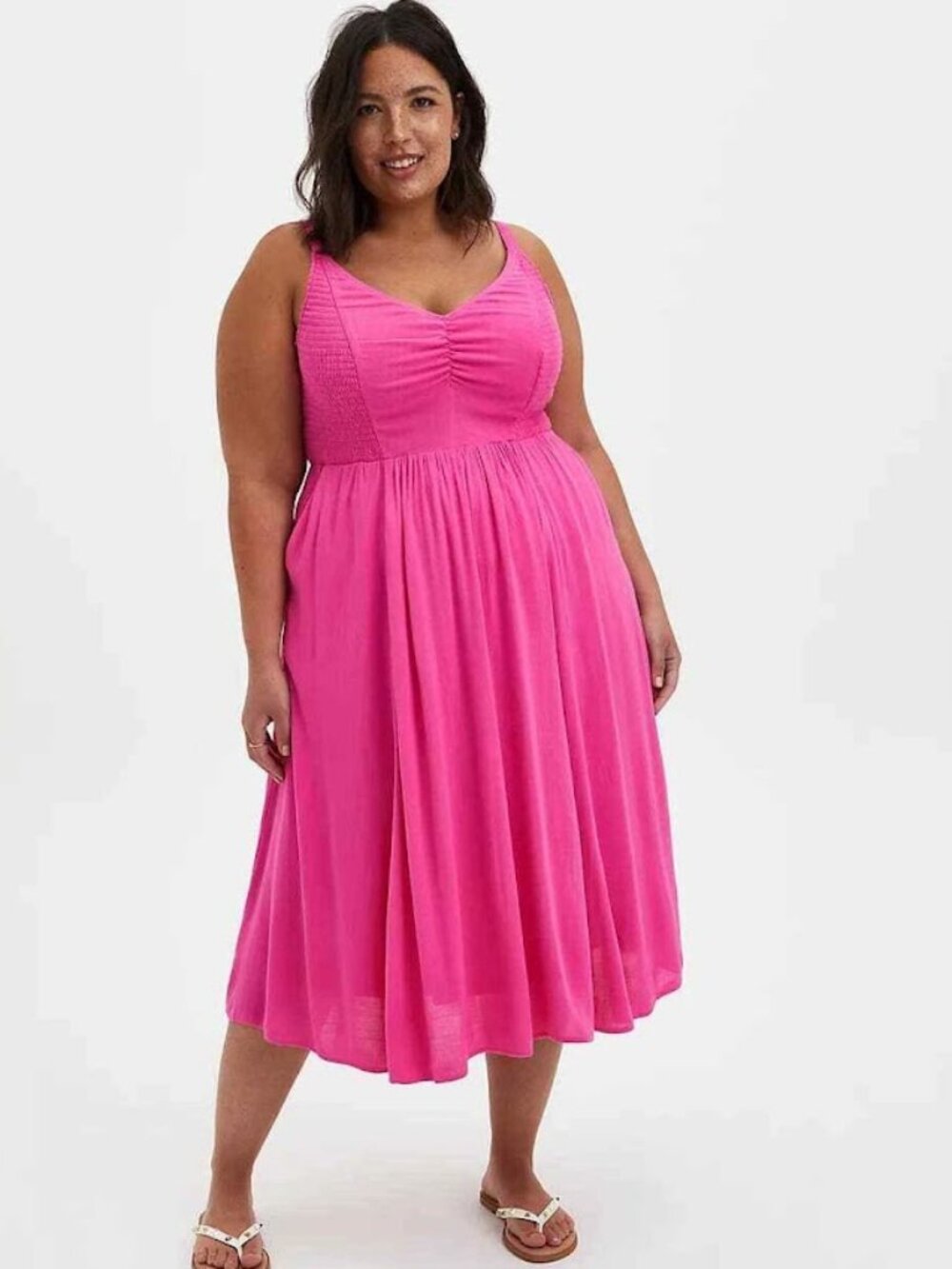 Torrid Pink Smocked Skater Sleeveless Pocket Midi Dress 1 1X (14/16)